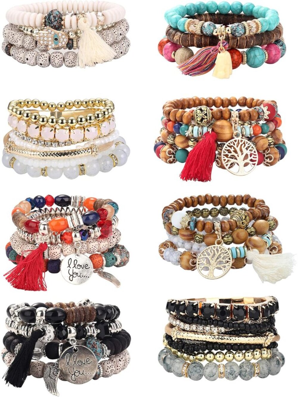 8 Sets Bohemian Stackable Bead Bracelets for Women Stretch Multilayered